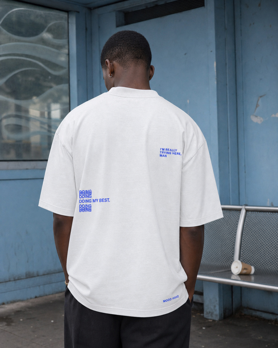 doing my best. — blue bus-stop editorial